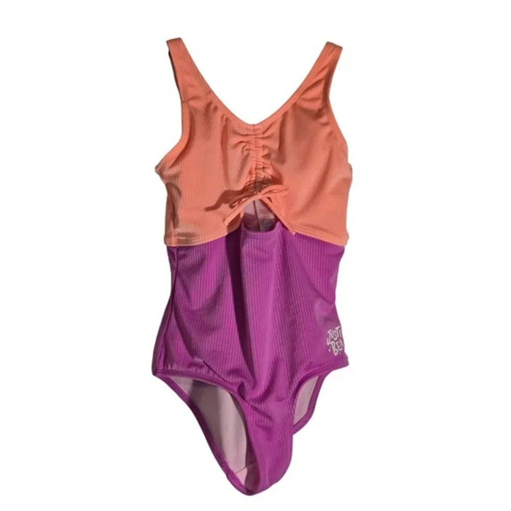 Justice Beach Girls One Piece Swimsuit Ribbed Colorblock Orange Purple Size M 10